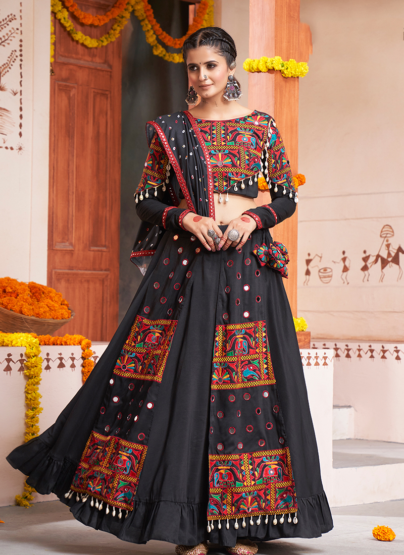 Buy Black Viscose Rayon Navratri Wear Thread Work Ready To Wear