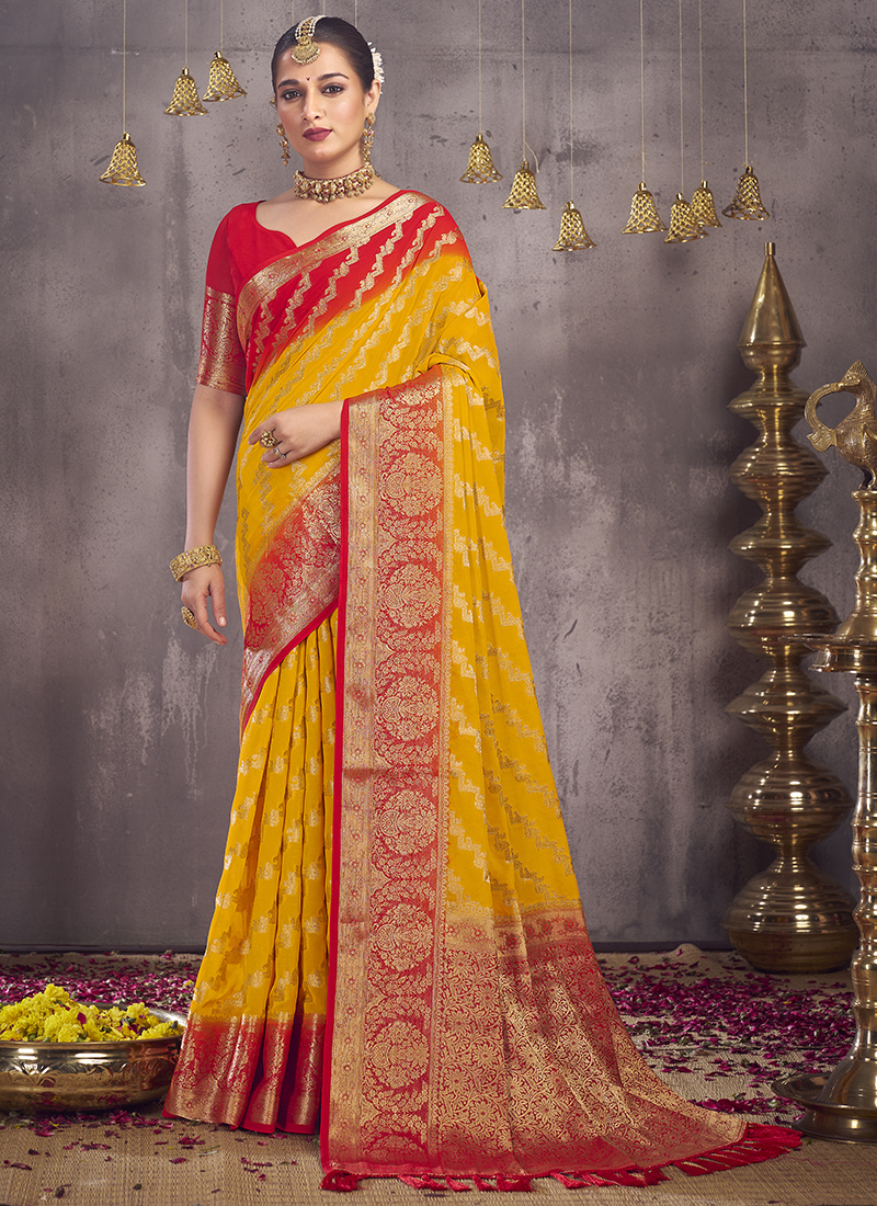 Yellow Mirror Work Stitched Sari Set | Seema Gujral – KYNAH