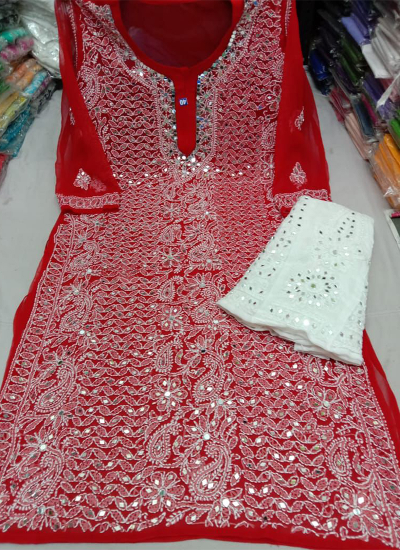 Straight style Cotton fabric Red color floral Printed kurti with Zari,  Thread & Mirror work with Bottom & Dupatta