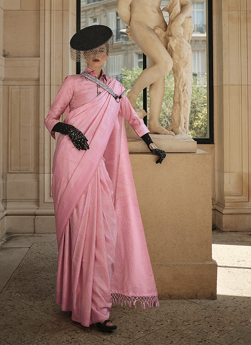 Radiant Peach Linen Fabric Party Wear Weaving Saree