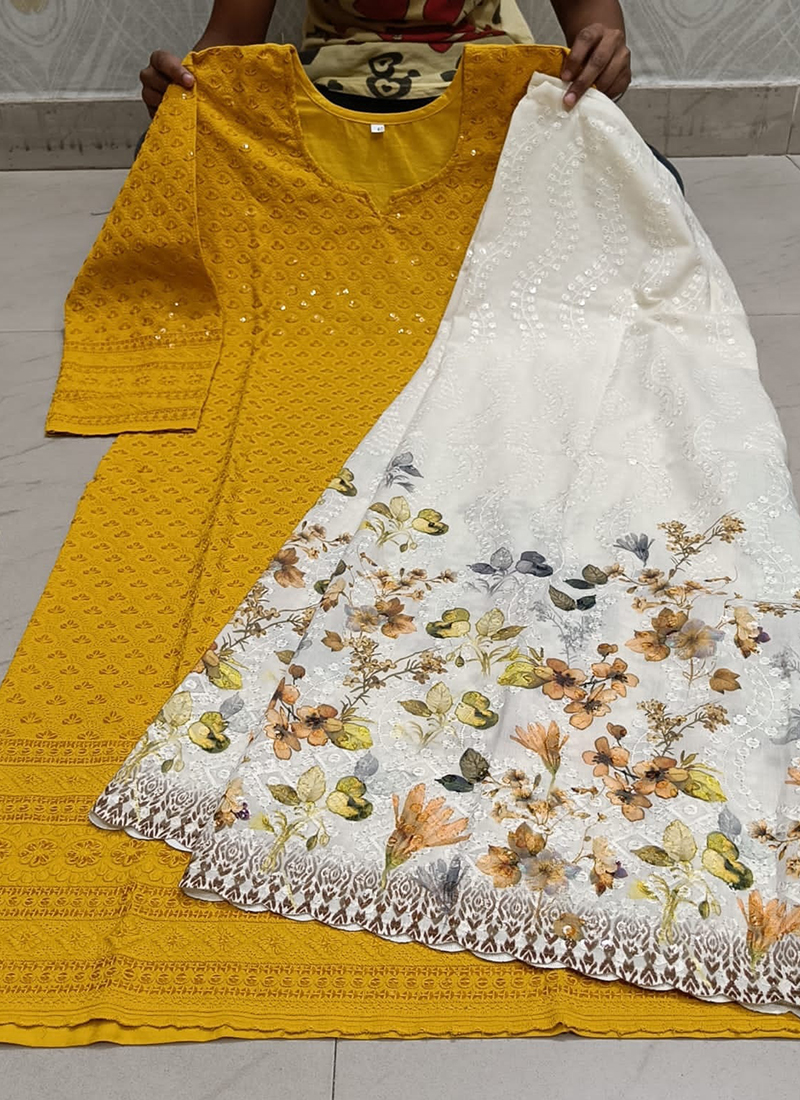 Buy Yellow Cambric Cotton Festival Wear Chikankari Phulkari Suit - Main Image