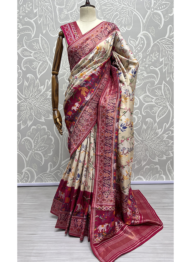 Buy BANARASI PATOLA White With Gold Zari Woven Organza Silk Saree With  Beautiful Floral Weave Tilfi Meena Work Pattern With Blouse Piece |  Shoppers Stop