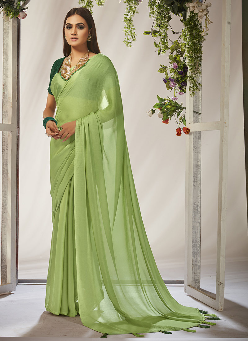 Light Green and Yellow Crepe Silk Georgette Saree