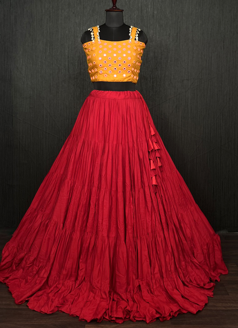 Buy Red Rayon Navratri Wear Mirror Work Ready To Wear Lehenga Choli Online From Wholesale Salwar 1107