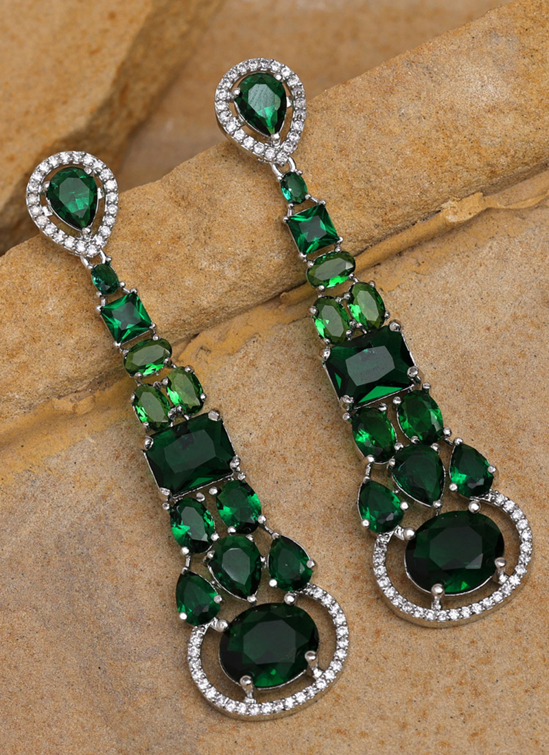 Buy Party Wear Green American Diamond Long Earrings Online From - Main Image