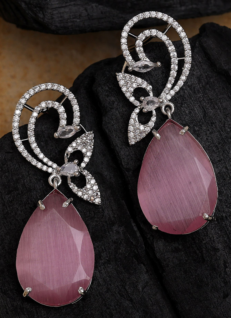Party Wear Pink Rhodium Plated American Diamond Earrings