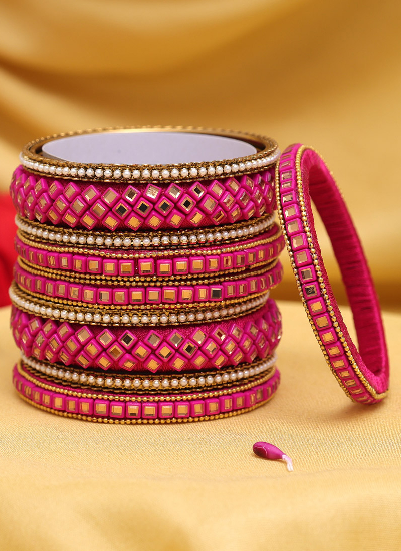 Buy Party Wear Hot Pink Set Of Thread Work Bangles Online From