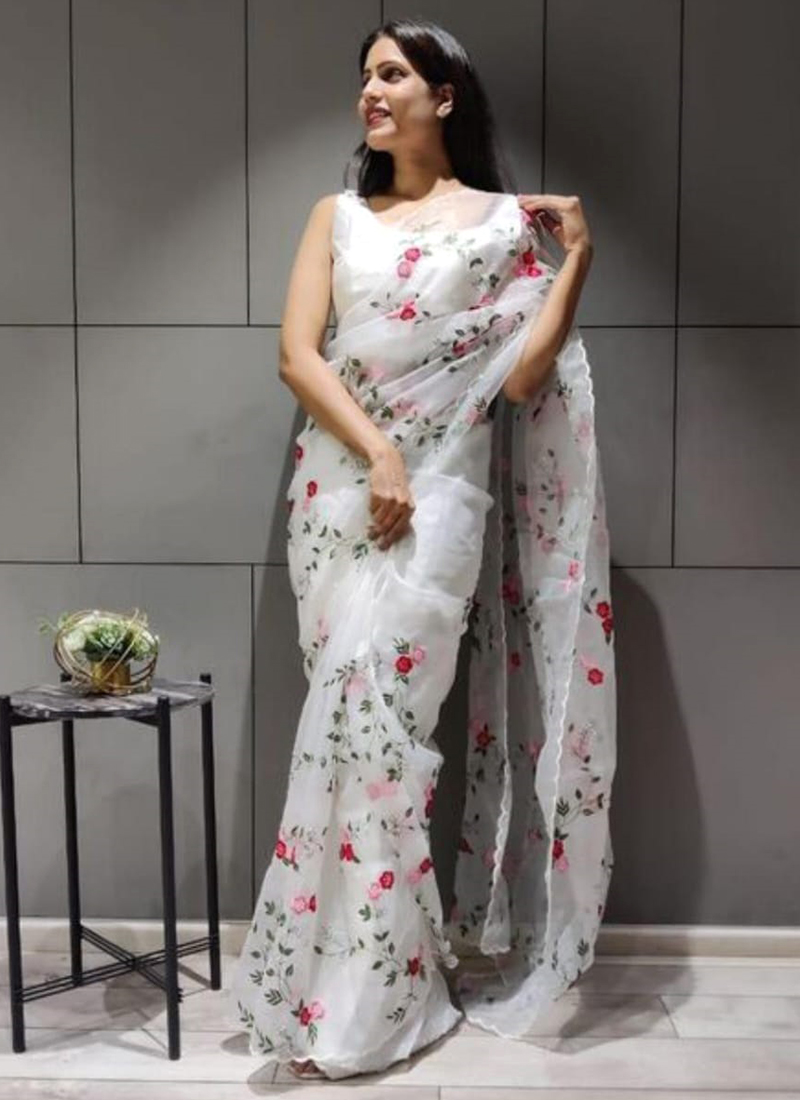 Buy Organza Silk White Party Wear Embroidery Work Saree Online