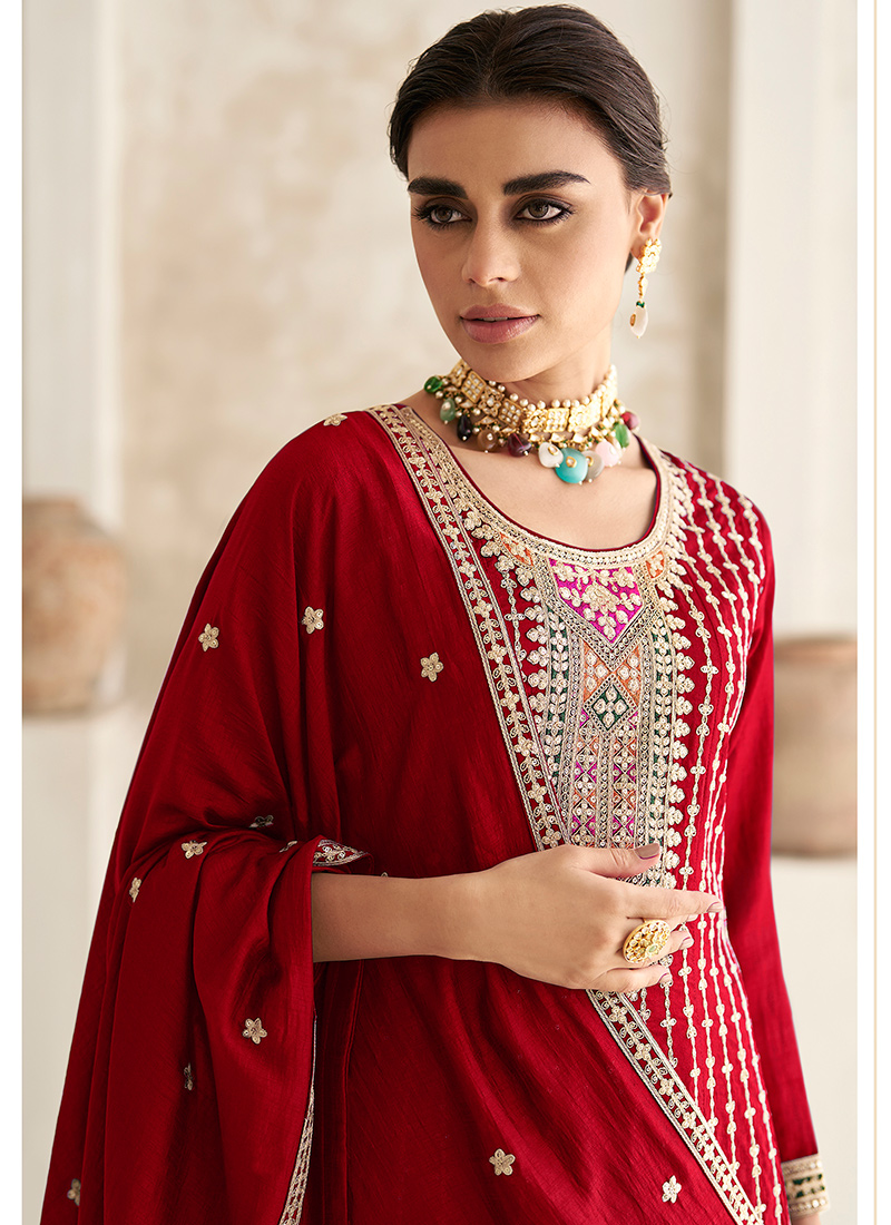Chinnon Silk Red Wedding Wear Embroidery Work Readymade Salwar Suit