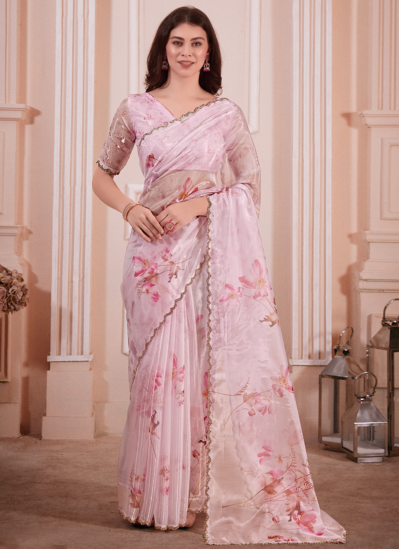 Organza Pink Party Wear Cut Work Saree