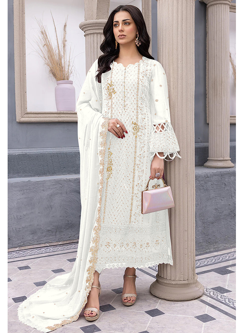 Buy Georgette White Eid Wear Embroidery Work Pakistani Suit Online