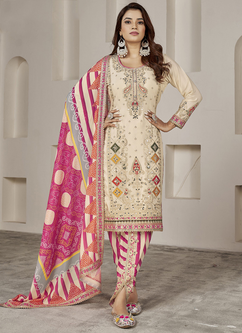 Buy Chinnon Silk Cream Wedding Wear Embroidery Work Readymade