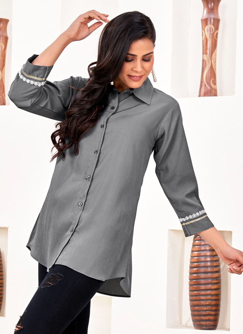 Buy Rinkal Cotton Grey Casual Wear Plain Womens Shirt Online From