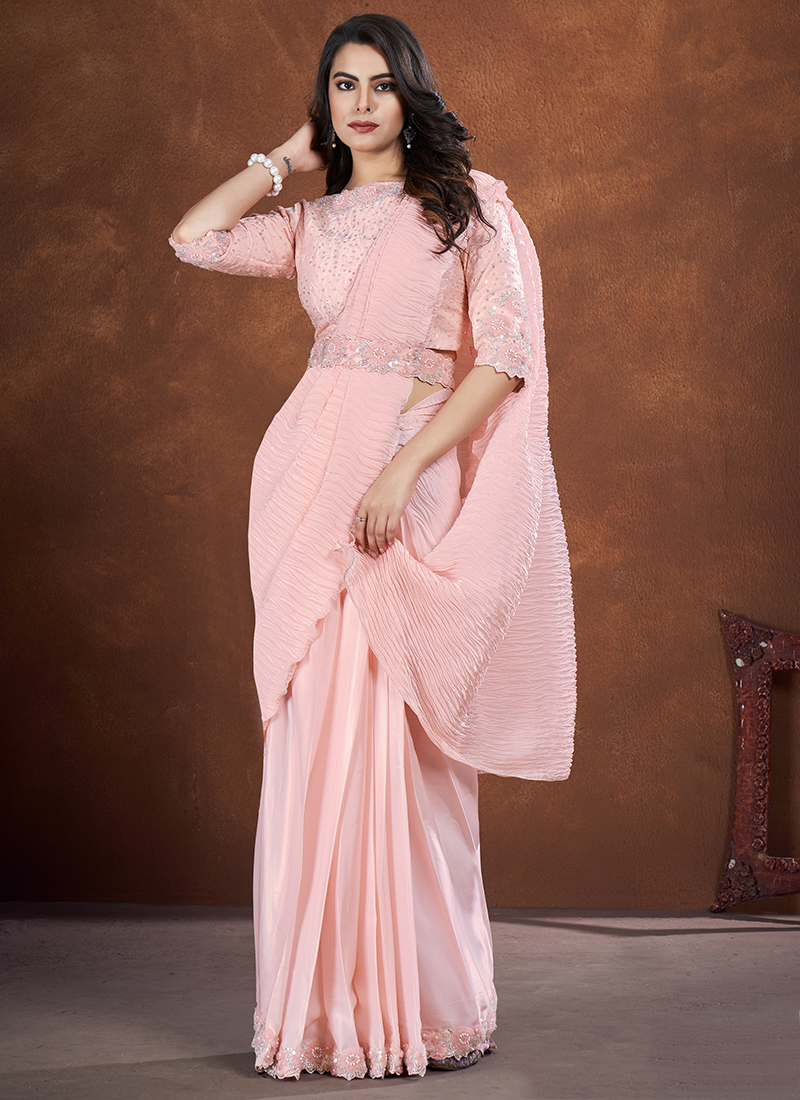 Buy Banarasi Crush Silk Light Peach Party Wear Sequence Work Saree
