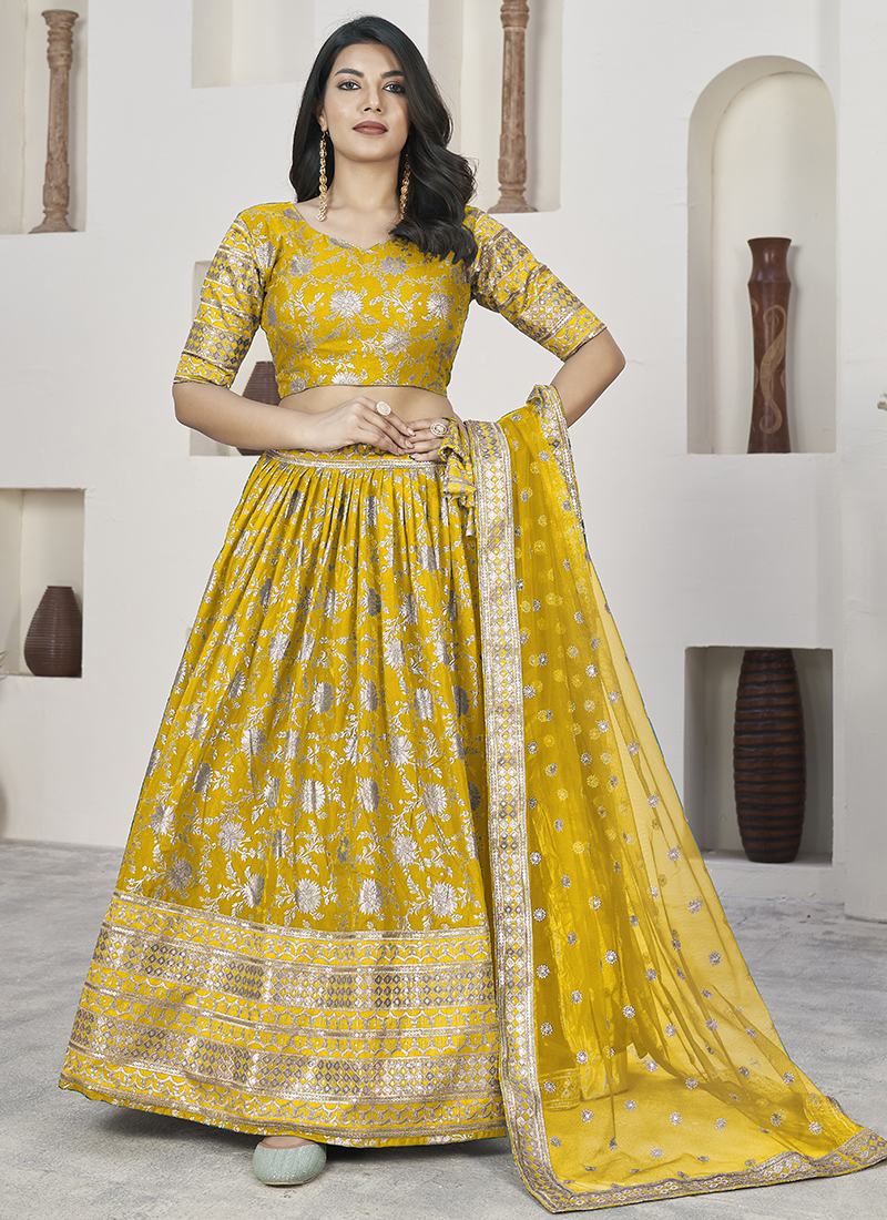 Ghagra Choli Yellow Buy Dola Jacquard Yellow Party Wear Embroidery Work  Lehenga Choli