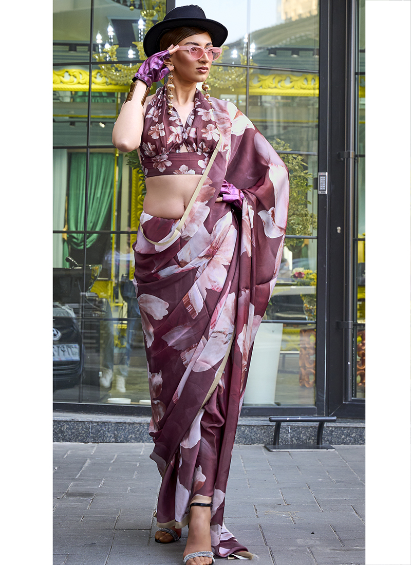 Buy Georgette Satin Maroon Party Wear Digital Printed Saree Online From Wholesale Salwar