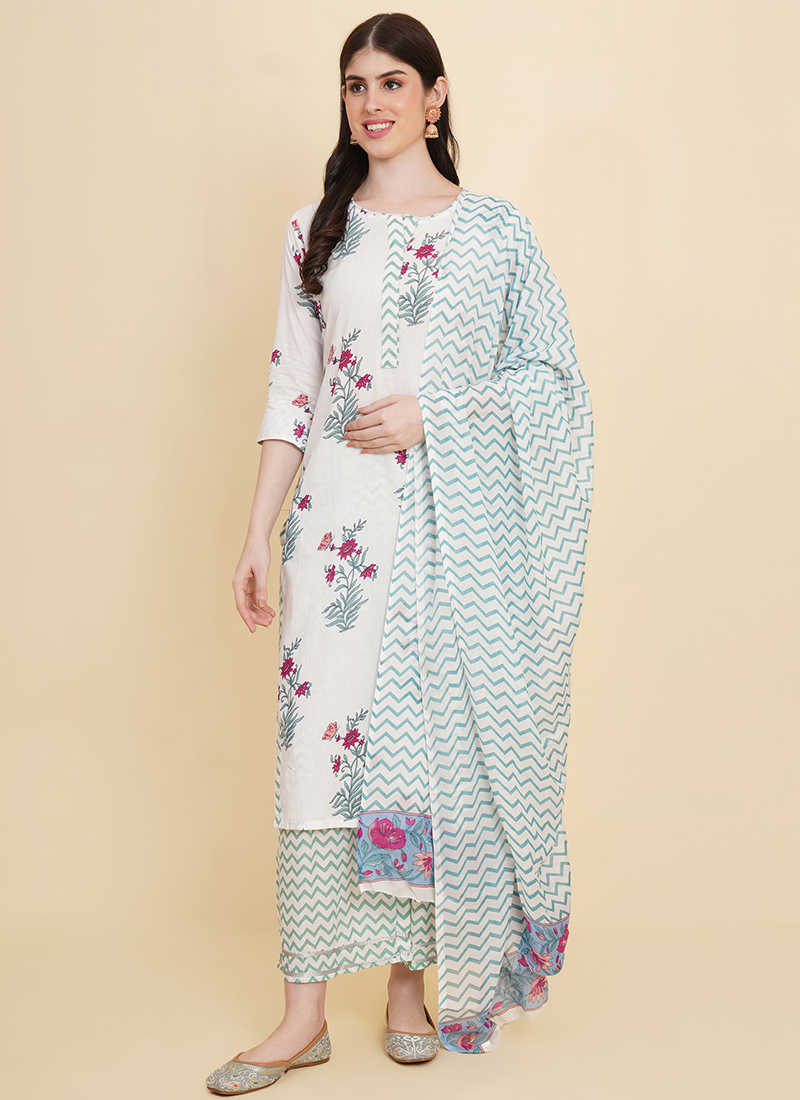 Buy Cotton White Summer Wear Floral Printed Readymade Salwar Suit 