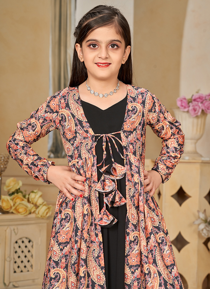 Buy Faux Georgette Black Party Wear Digital Printed Kids Gown With
