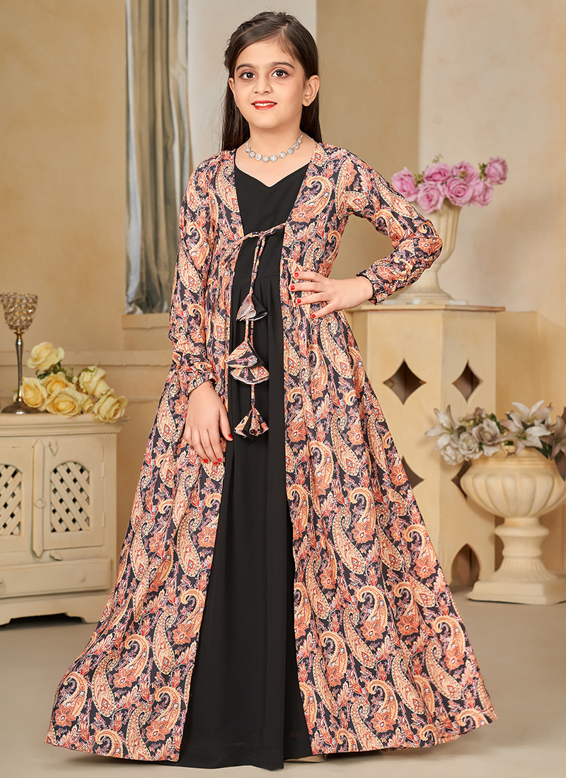 Faux Georgette Black Party Wear Digital Printed Kids Gown With Shrug