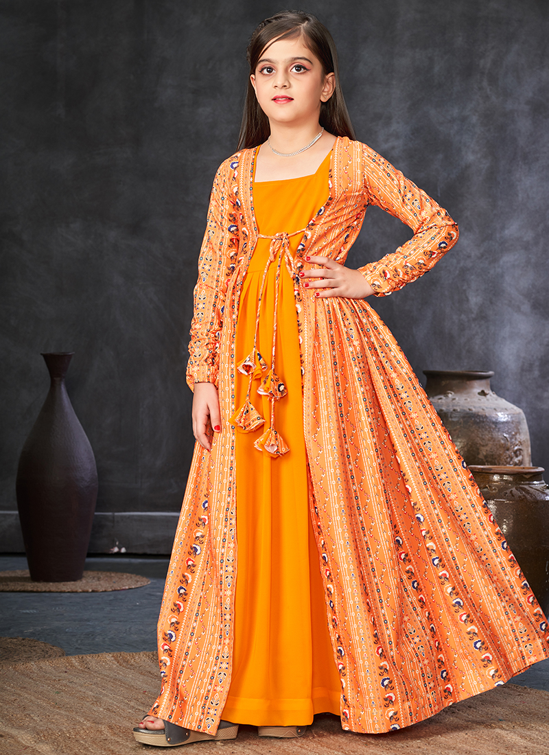 Faux Georgette Bright Orange Party Wear Digital Printed Kids Gown With Shrug