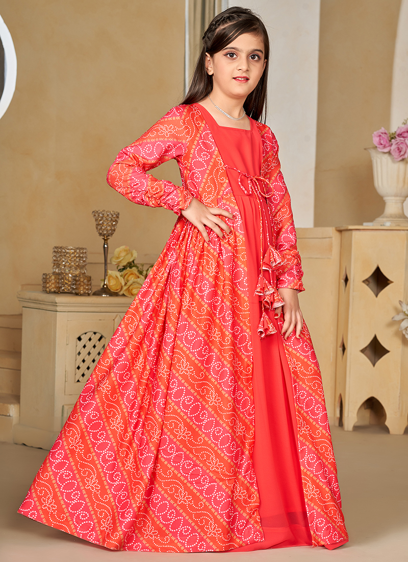Faux Georgette Cherry Pink Party Wear Digital Printed Kids Gown With Shrug