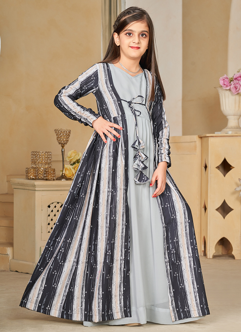 Buy Faux Georgette Light Grey Party Wear Digital Printed Kids Gown