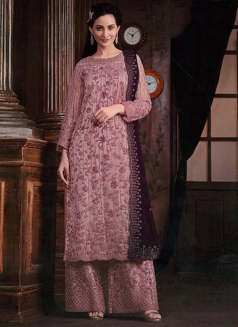 Women White Premium Net Embroidered Traditional Palazzo Suit main image 1