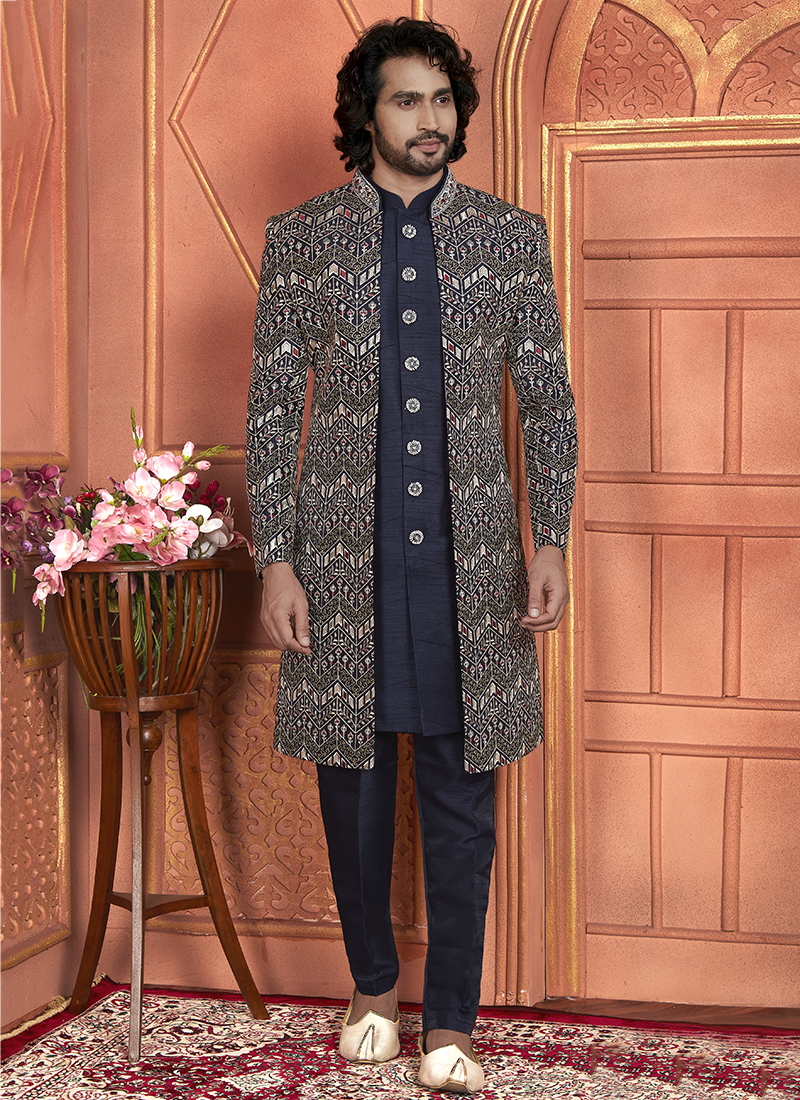 Art Silk Navy Blue Wedding Wear Computer Thread Work Pcs Jacket Set