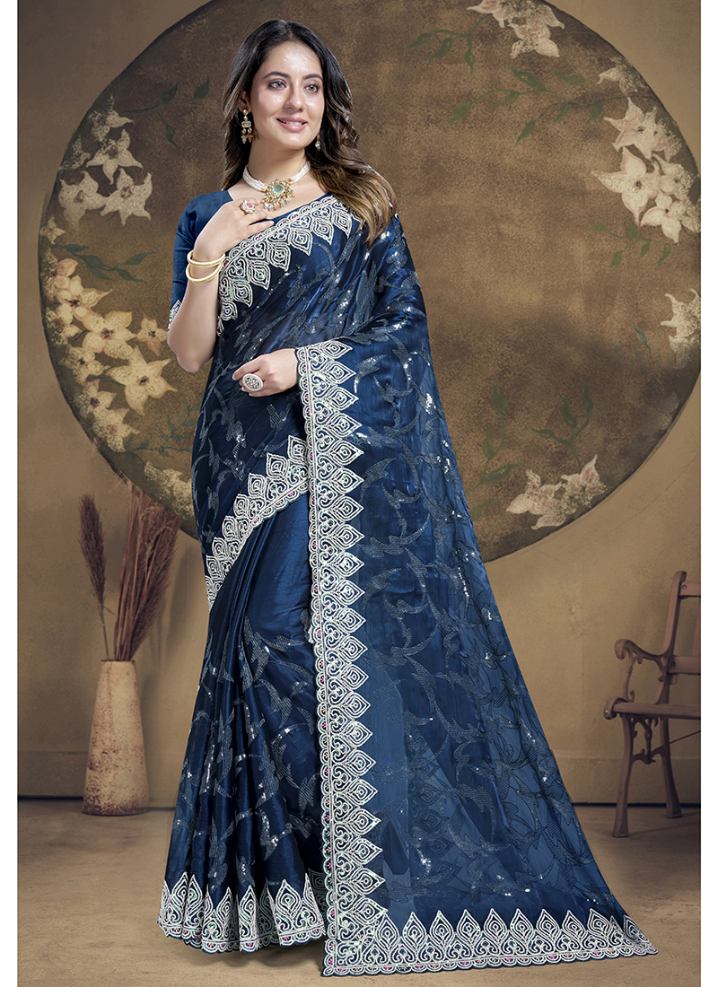 Buy Jimmy Choo Silk Morpeach Party Wear Embroidery Work Saree