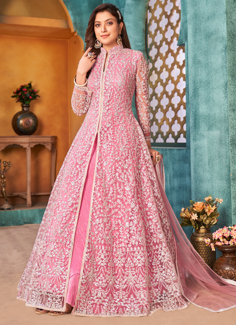 Buy Net Pink Wedding Wear Sequins Work Anarkali Suit Online From