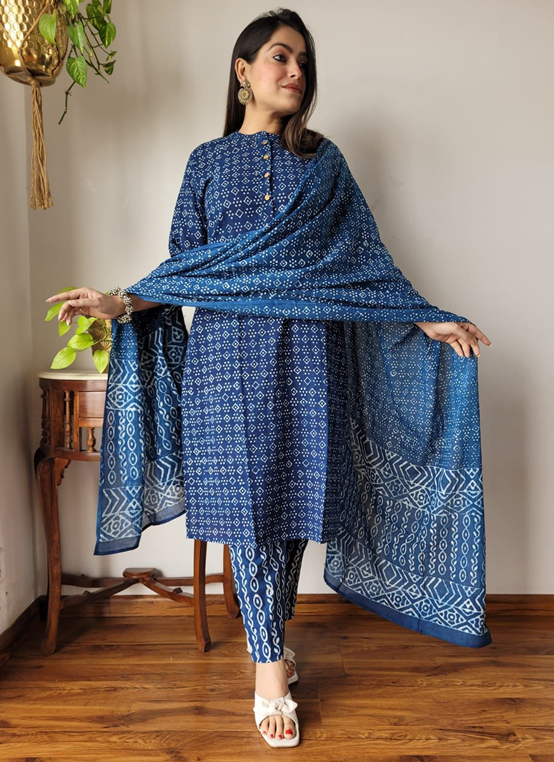 Buy Cotton Blue Casual Wear Printed Readymade Salwar Suit Online From  Wholesale Salwar., image size:800x1100