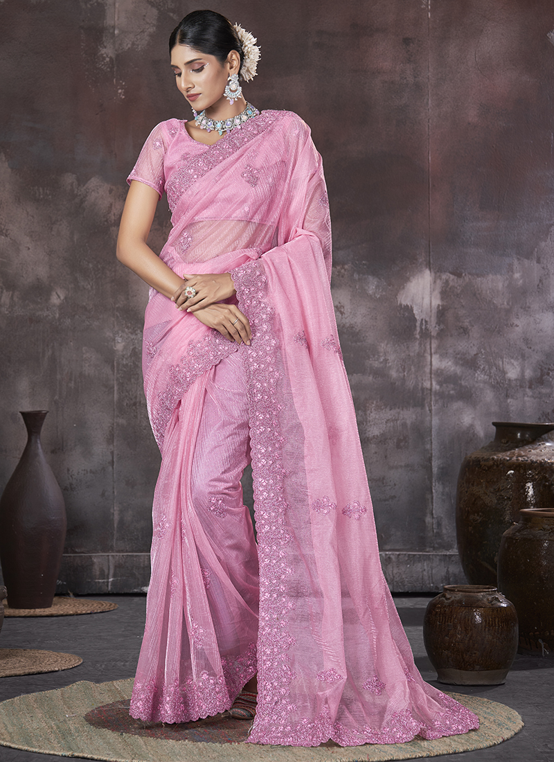 Buy Organza Pink Party Wear Embroidery Work Saree Online From
