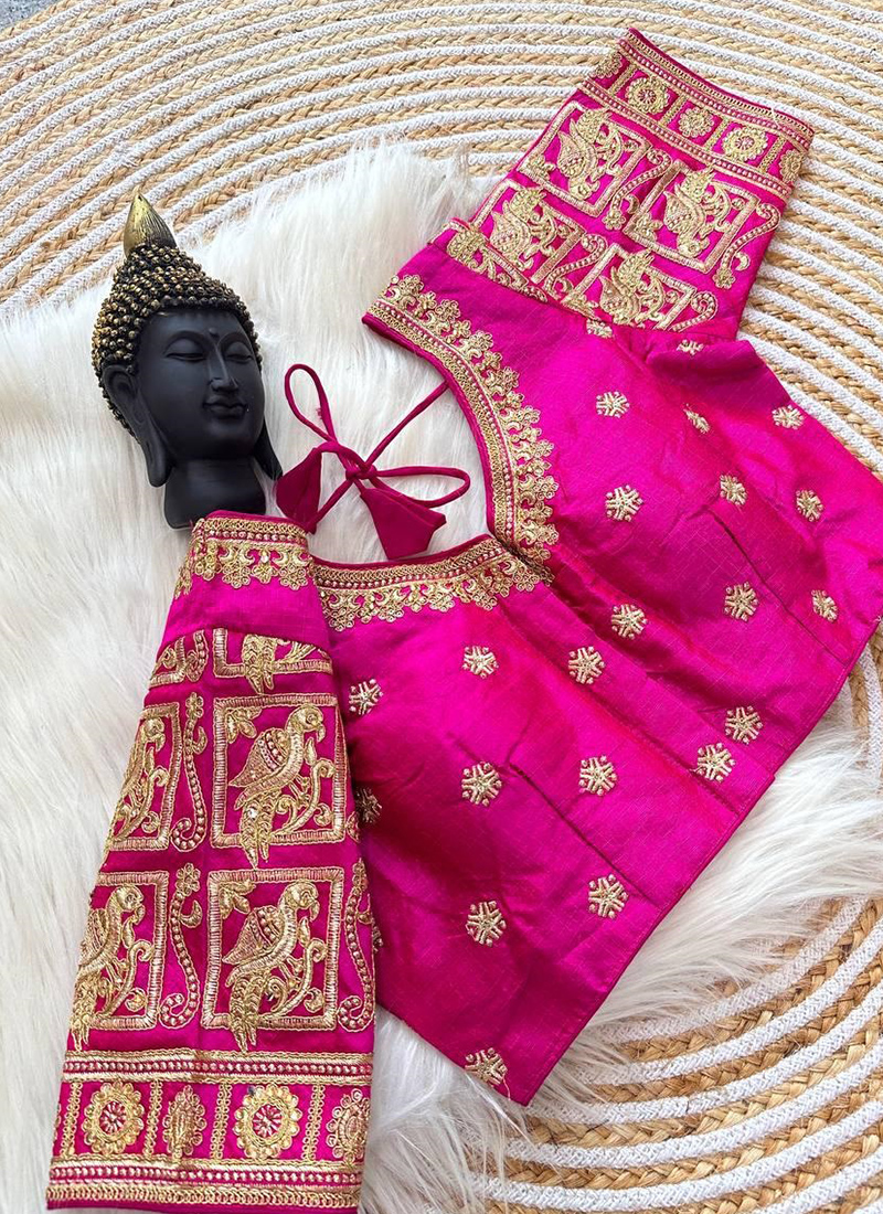 Buy Pure Raw Silk Bright Pink Wedding Wear Embroidery Work
