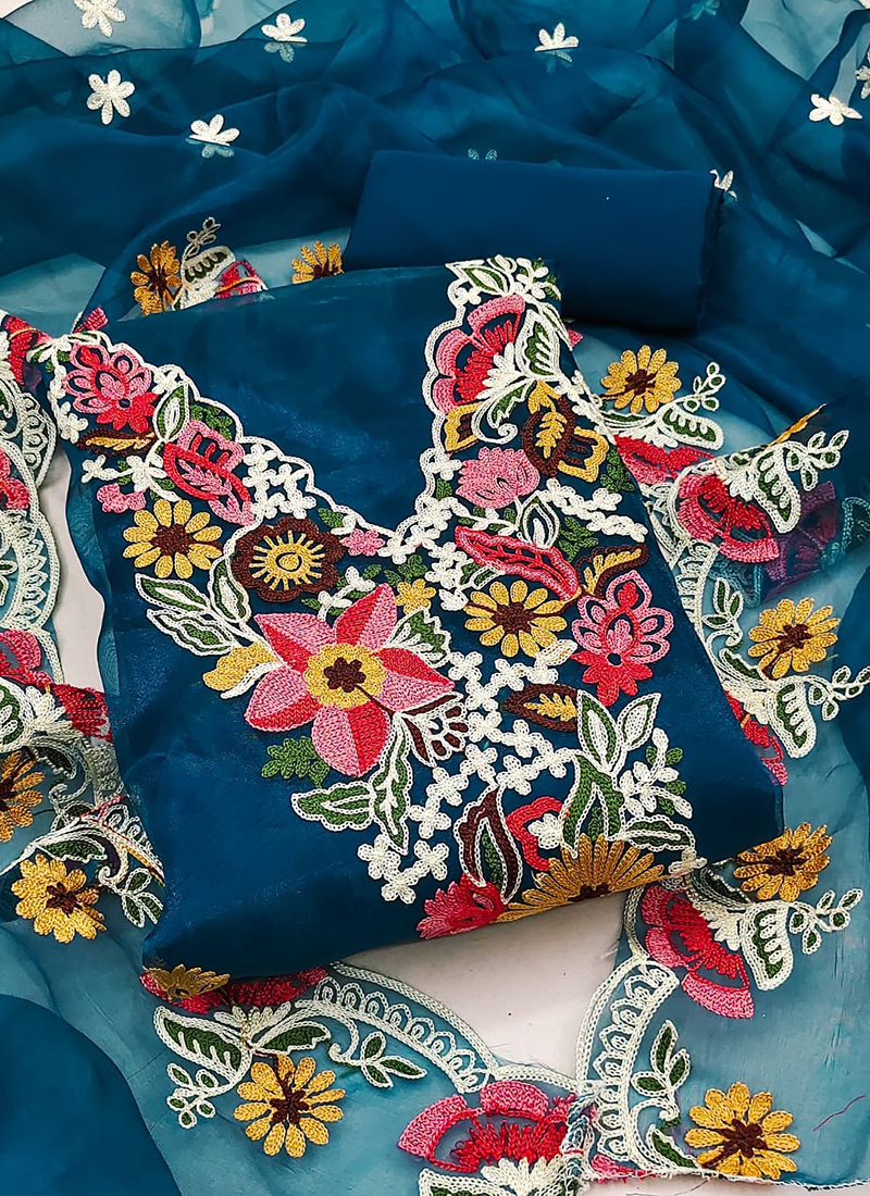 Buy Organza Silk Aqua Blue Traditional Wear Embroidery Work Dress