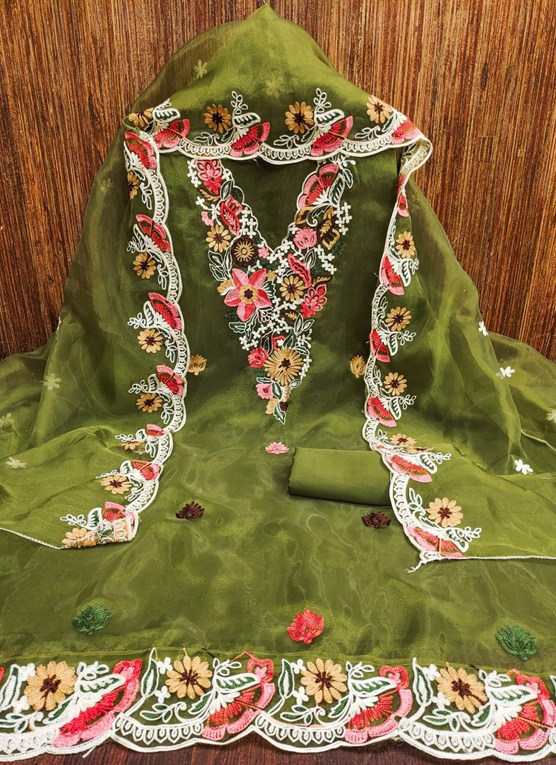 Buy Organza Silk Green Traditional Wear Embroidery Work Dress