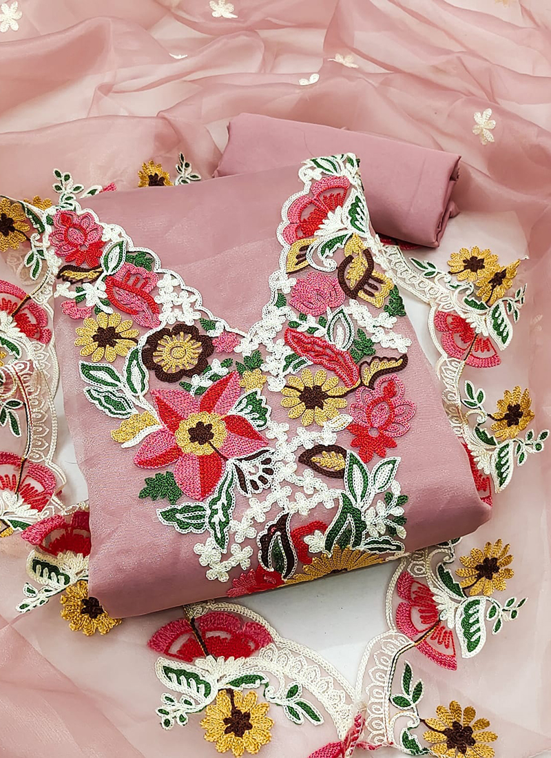 Buy Organza Silk Pink Traditional Wear Embroidery Work Dress