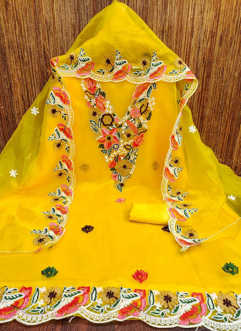 Buy Organza Silk Yellow Traditional Wear Embroidery Work Dress