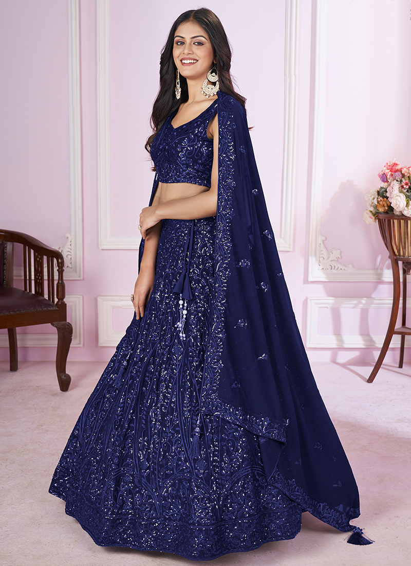 Buy Soft Net Blue Wedding Wear Sequins Work Lehenga Choli Online - Main Image