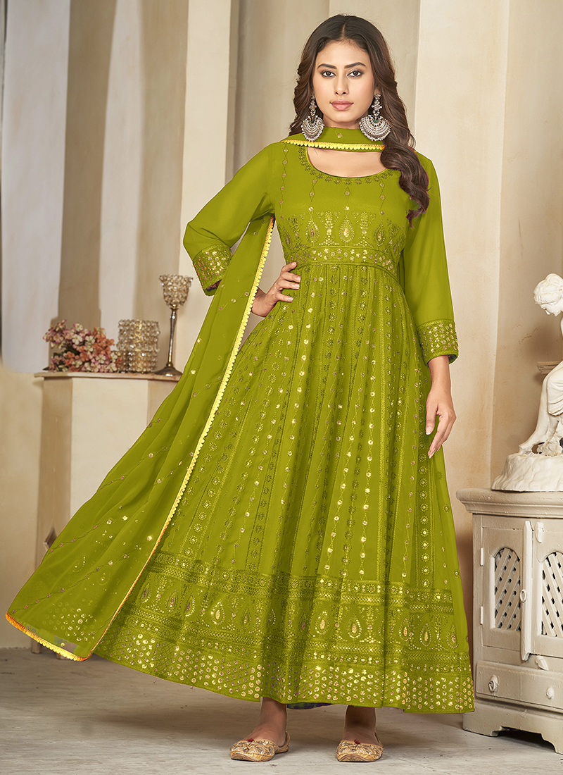 Anarkali Suit Green Georgette Dress Buy Georgette Parrot Green
