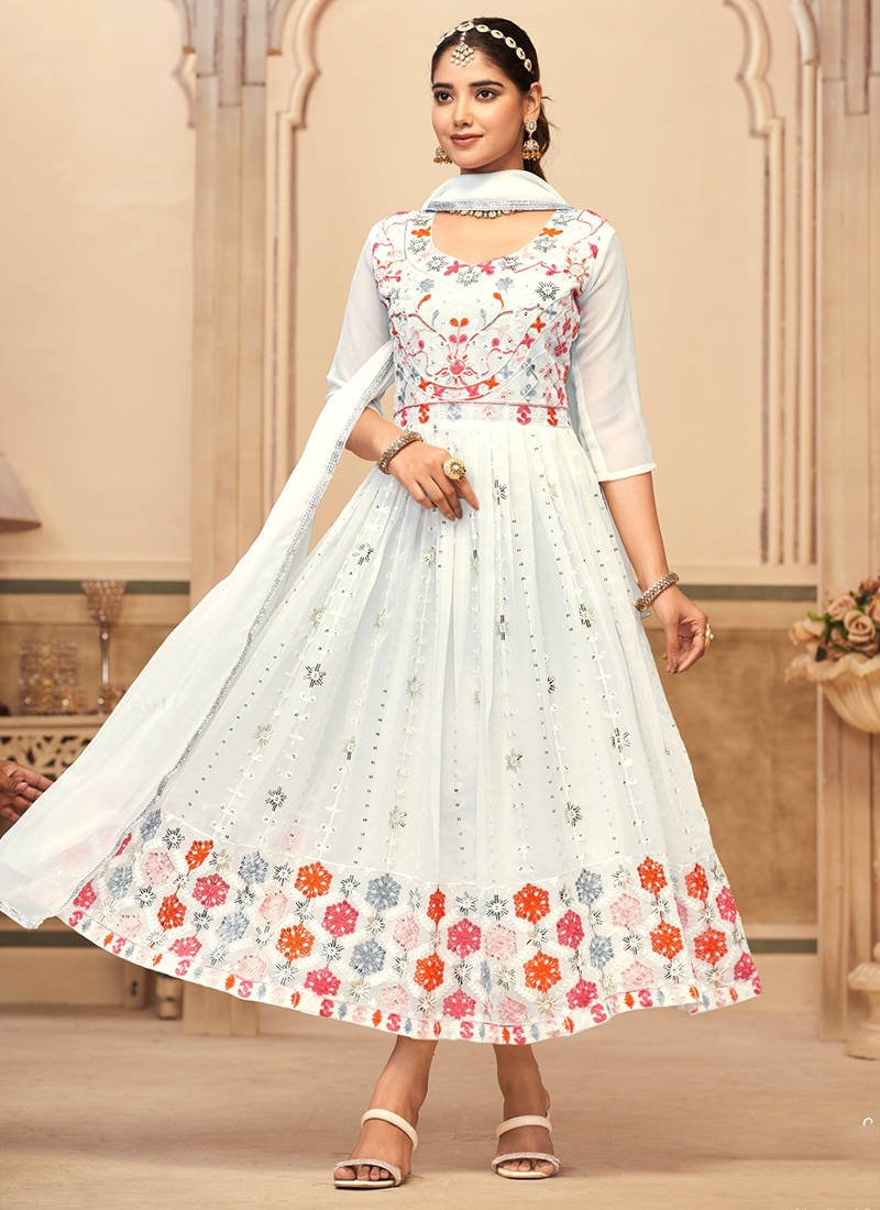 Buy Faux Georgette White Party Wear Embroidery Work Readymade