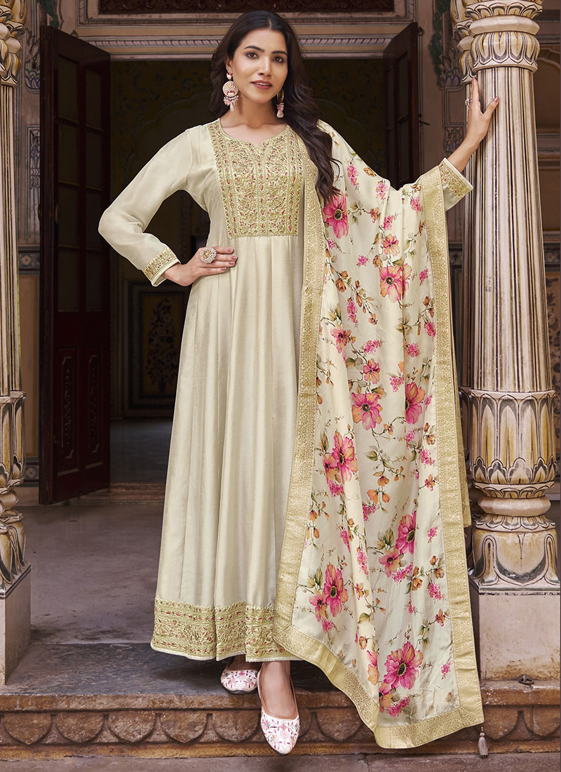 Buy Dola Silk Cream Wedding Wear Sequins Work Anarkali Suit Online