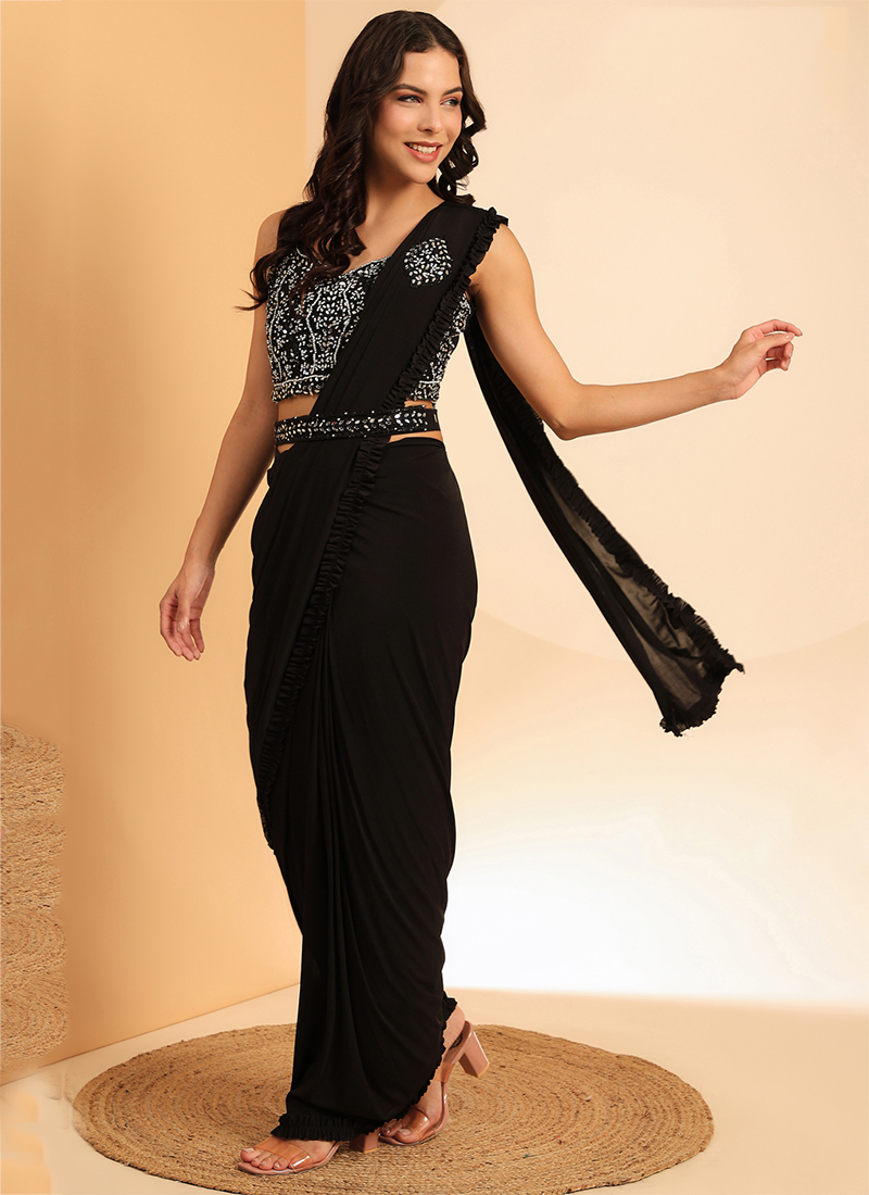 Buy Imported Black Party Wear Embroidery Work Ready To Wear Saree