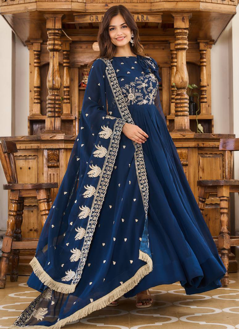 Buy Georgette Blue Wedding Wear Embroidery Work Readymade Gown