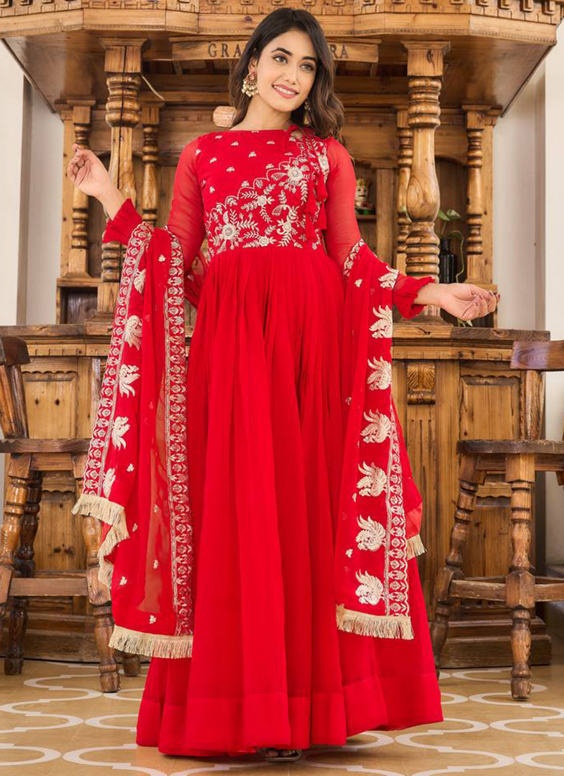 Buy Georgette Red Wedding Wear Embroidery Work Readymade Gown With