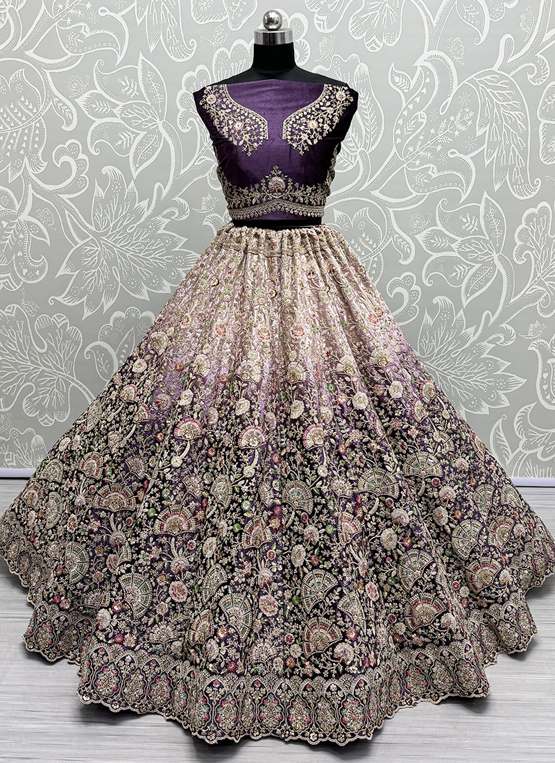 Buy Velvet Peach Purple Bridal Wear Embroidery Work Lehenga Choli