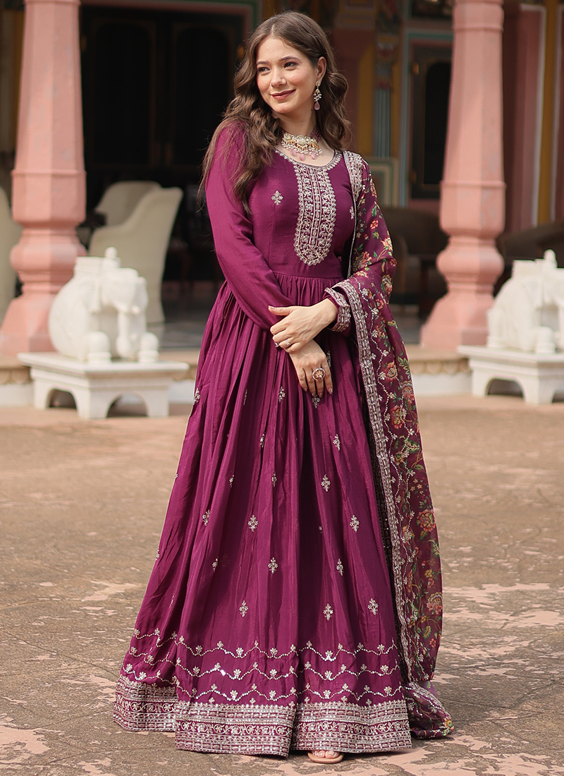 Simple Wine Colour Gown Dupatta Purple Wine Dress ELEGANT WINE