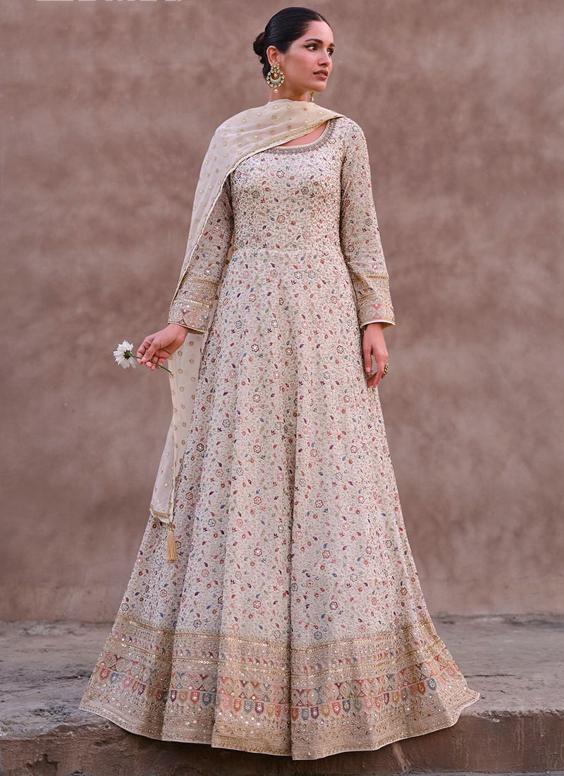 Buy Georgette Cream Wedding Wear Sequins Work Readymade Gown With
