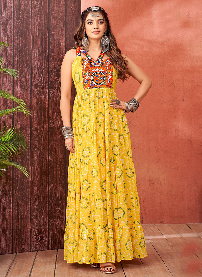 Buy Georgette Yellow Navratri Wear Printed Readymade Gown Online