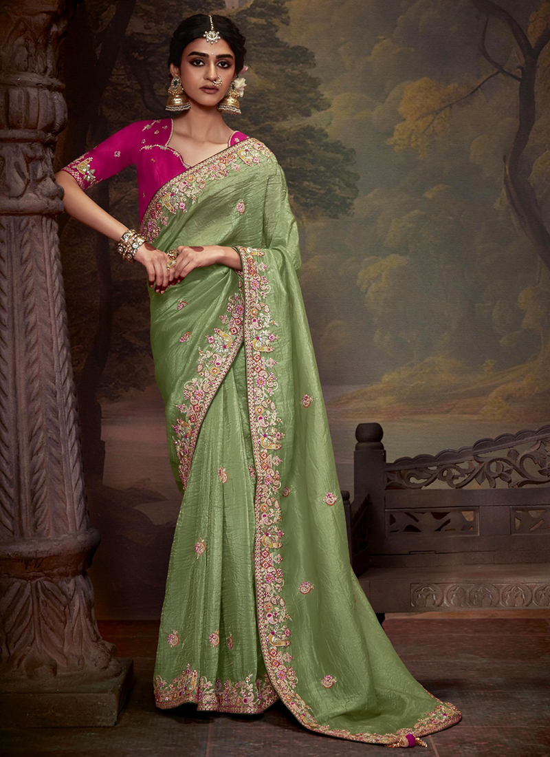 Buy Fancy Mint Party Wear Embroidery Work Saree Online From