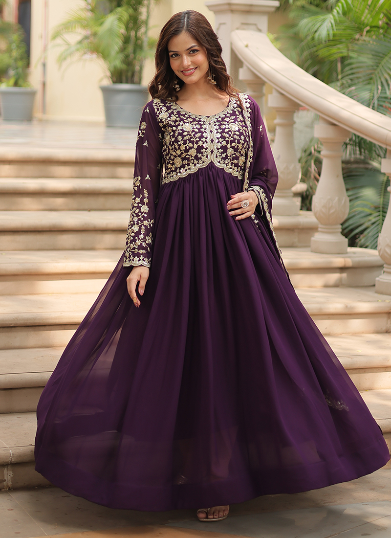 Georgette Wine Party Wear Embroidery Work Readymade Gown With Dupatta